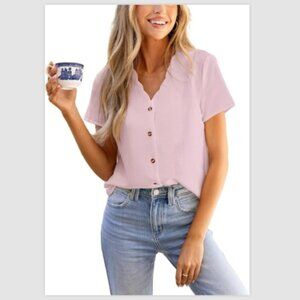 Cupshe Women's M Pink Short Sleeve V-neckline Button Front Blouses Office Shirts